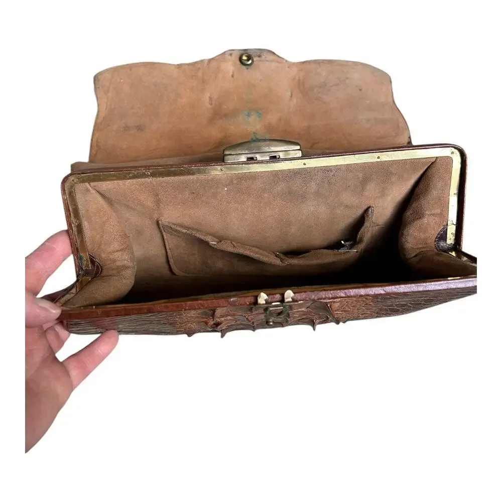 Antique Brown Hornback Alligator Crocodile With Feet Paws Purse Clutch 1940’s